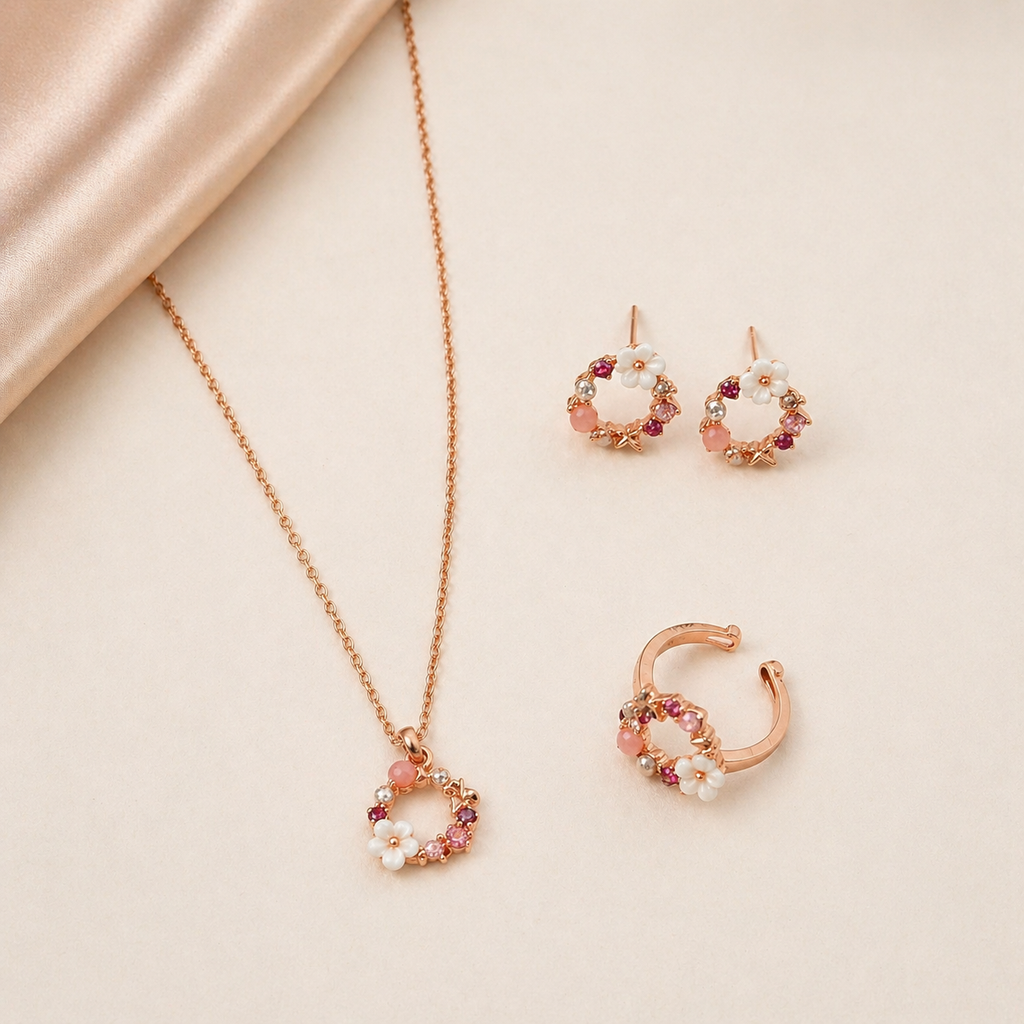 Célinor Blossom Schmuckset – Halskette, Ohrringe & Ring mit floralen Details in Roségold