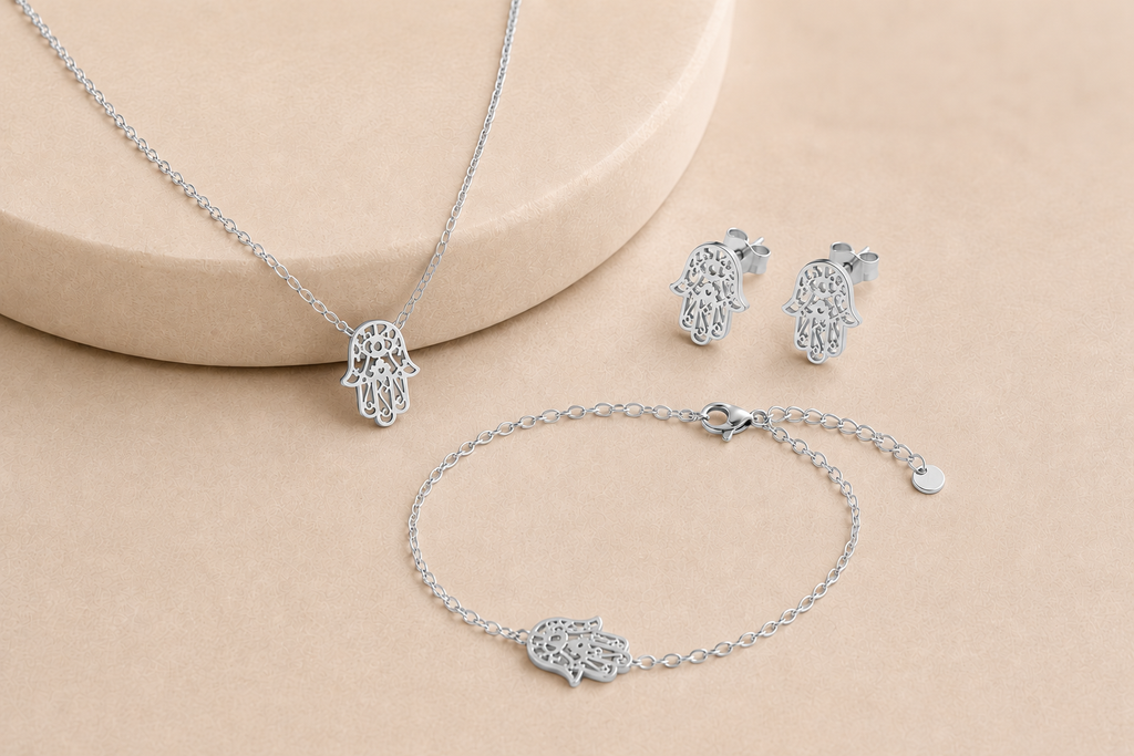 Célinor Hamsa Schmuckset aus Edelstahl – Halskette, Armband & Ohrringe