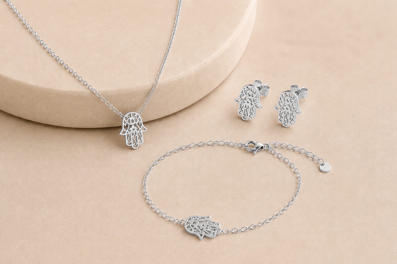 Célinor Hamsa Schmuckset aus Edelstahl – Halskette, Armband & Ohrringe