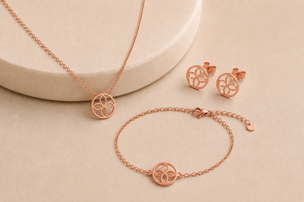 Célinor Elegantes Schmuckset Damen – Halskette, Armband & Ohrringe in Gold, Roégold und Silber