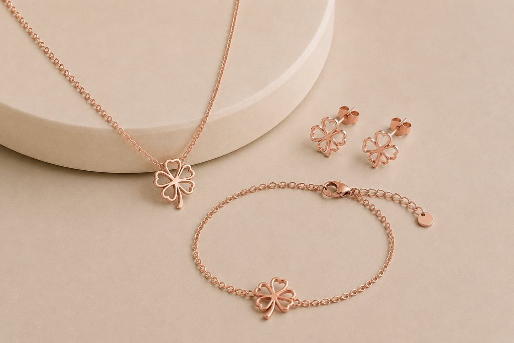 Célinor Kleeblatt Schmuckset Damen – Halskette, Armband & Ohrringe