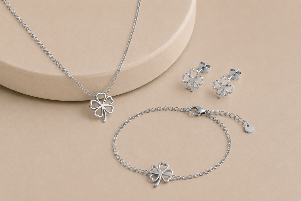 Célinor Kleeblatt Schmuckset Damen – Halskette, Armband & Ohrringe