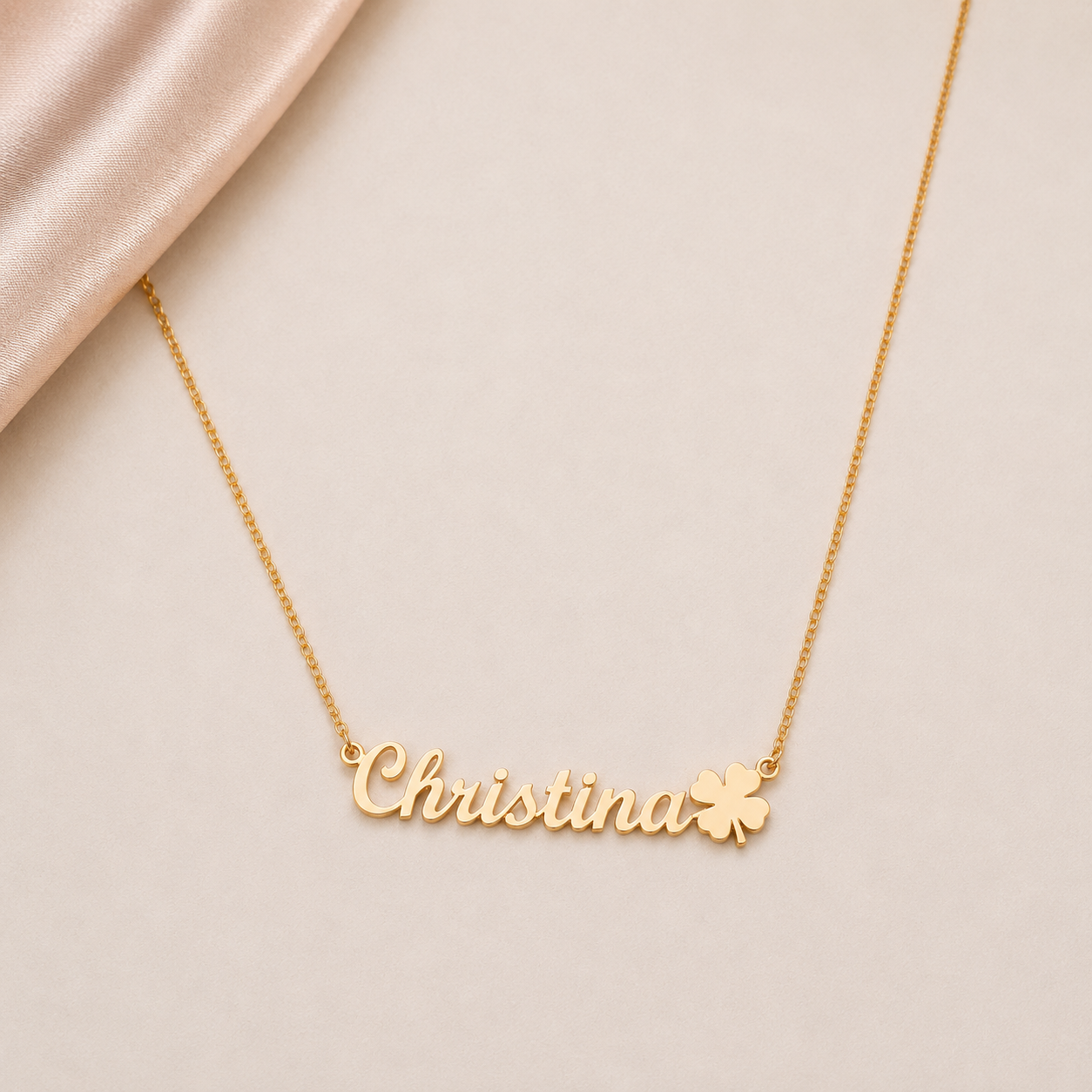 Lobster Model - Personalisierte Namenskette mit Kleeblatt – Individuelle Halskette Damen, in 585er Gold 14 Karat