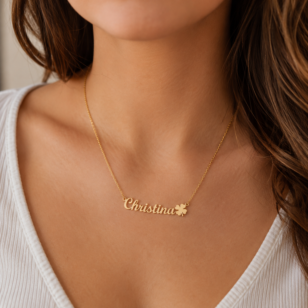 Lobster Model - Personalisierte Namenskette mit Kleeblatt – Individuelle Halskette Damen, in 585er Gold 14 Karat