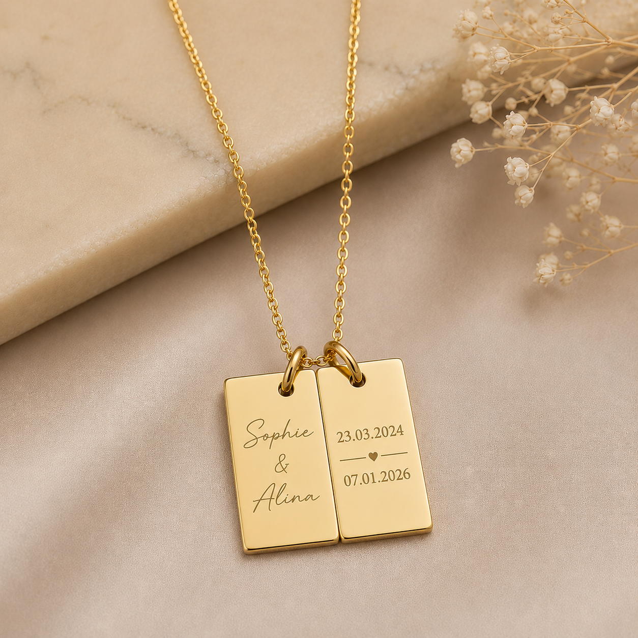 Doppelanhänger Kette mit Wunschgravur in Gold, Roségold & Silber