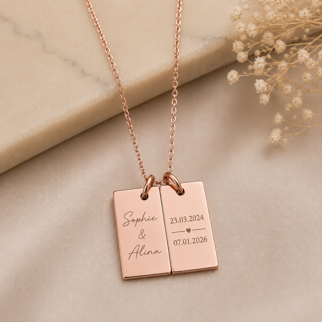 Doppelanhänger Kette mit Wunschgravur in Gold, Roségold & Silber
