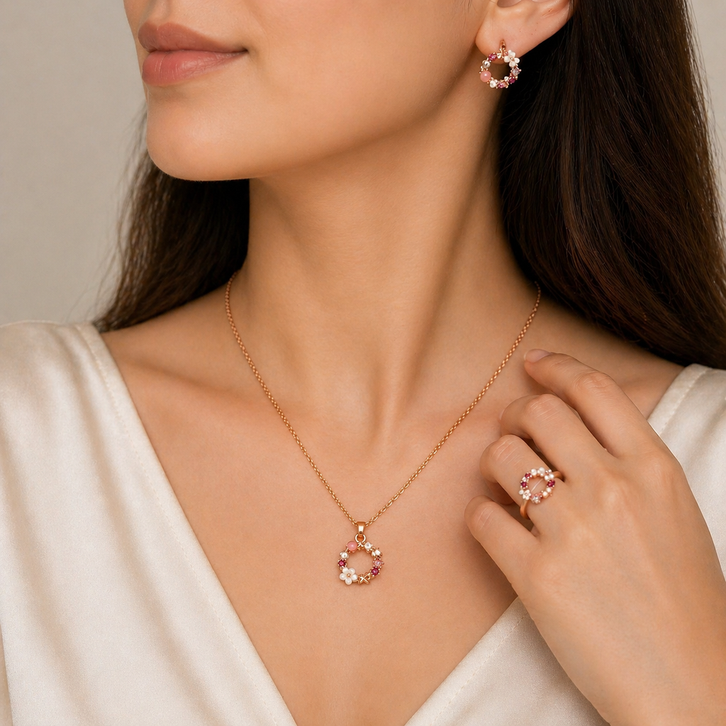 Célinor Blossom Schmuckset – Halskette, Ohrringe & Ring mit floralen Details in Roségold