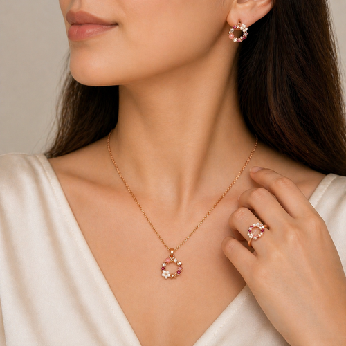 Célinor Blossom Schmuckset – Halskette, Ohrringe & Ring mit floralen Details in Roségold