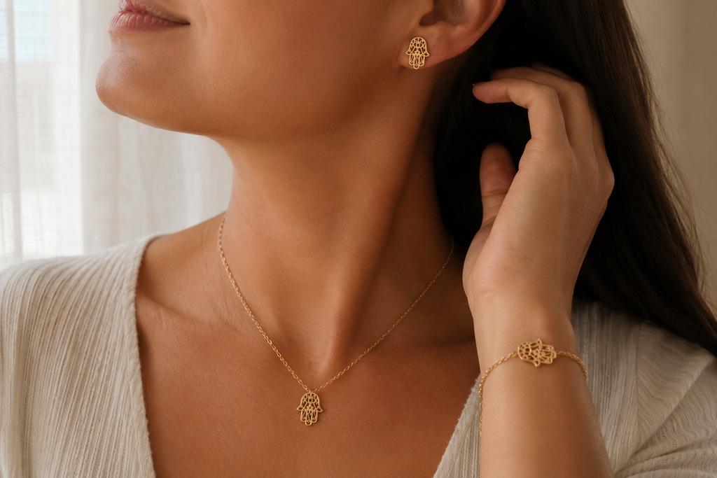 Célinor Hamsa Schmuckset aus Edelstahl – Halskette, Armband & Ohrringe